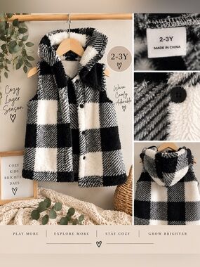 Toddler Black & White Buffalo Plaid Sherpa Hooded Vest 2-3Y